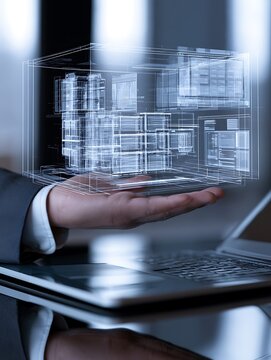 hand holding smart building architecture on laptop