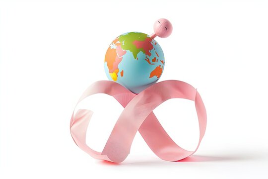 A miniature globe sits atop a pink infinity symbol, representing boundless possibilities and interconnectedness in a creative, conceptual composition.
