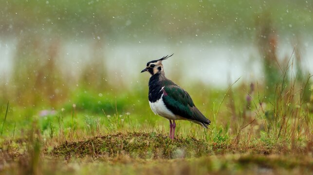 Northern lapwing standing in wet meadow, wildlife and grassland habitat concept