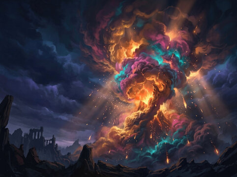 Dramatic explosion of colorful energy and light over a dark landscape with mountains