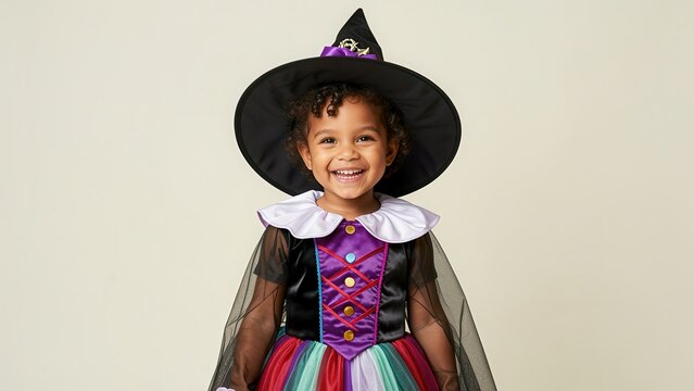joyful diverse toddler in whimsical witch costume portrait studio setting for family marketing and seasonal advertising