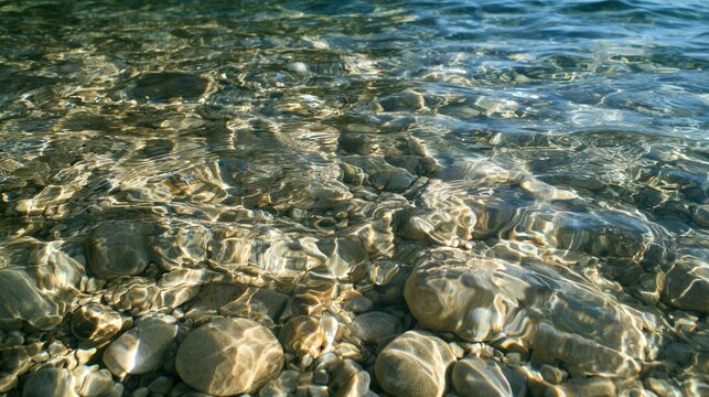 Clear shallow water surface with sunlight reflections and smooth round stones creating natural water texture and transparent peaceful riverbed scenery