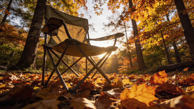 Camping chair in autumn forest with sunbeams