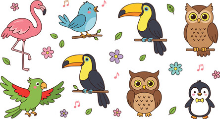 Naklejka premium Cute cartoon birds collection with flamingo toucan owl parrot and penguin characters for kids designs