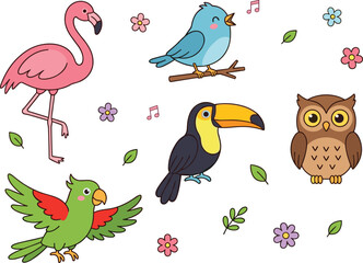Naklejka premium Cute cartoon birds set with flamingo toucan parrot and owl characters for children sticker designs