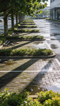 Permeable paving parking lot with green hedge strips
