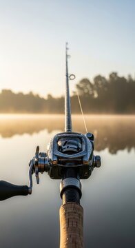 Fishing reel and rod by calm lake at sunrise.