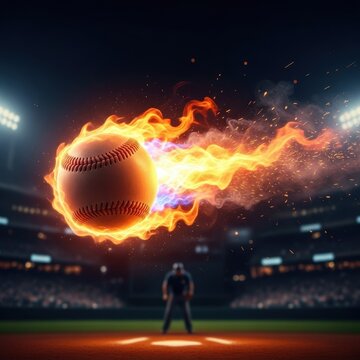 Flaming Baseball in Stadium with Pitcher at Night.