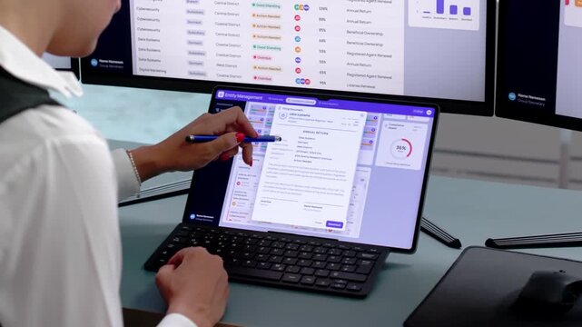 Corporate Lawyer Reviewing Ownership Structure Chart On Laptop