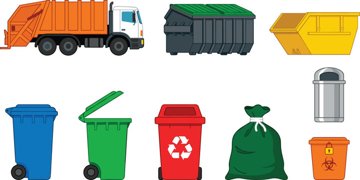 Garbage truck and waste management set with recycle bins dumpster trash bags and disposal icons