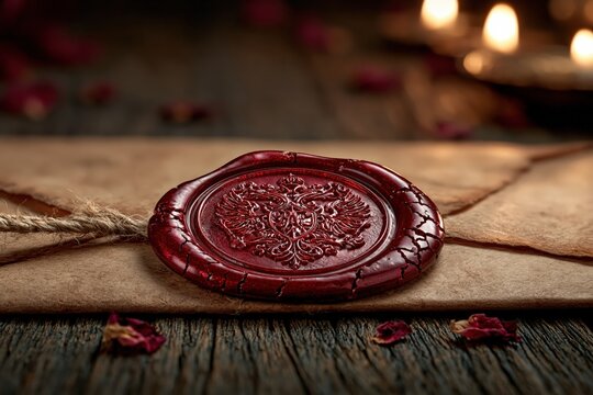 Red wax seal on vintage parchment paper with candlelight and roses