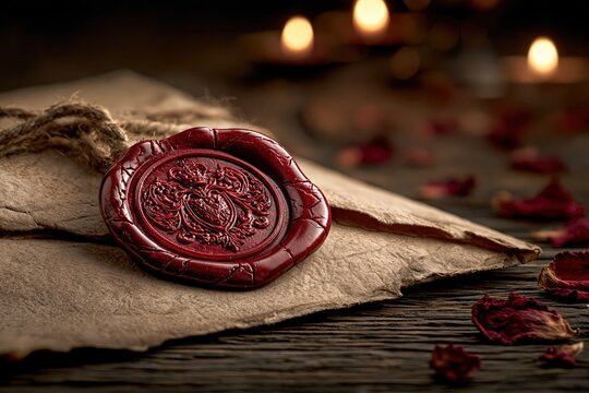 Red wax seal on vintage parchment letter with candles and rose petals