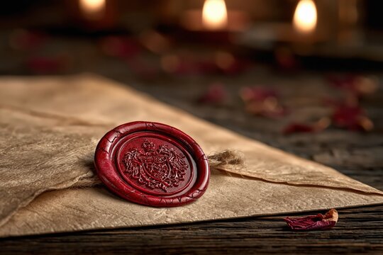 Red wax seal on vintage parchment envelope with romantic candlelight