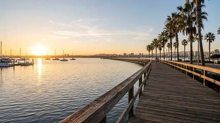 Fototapeta premium A scenic wooden pier walkway overlooking a calm harbor with sailboats at sunset under a golden sky.