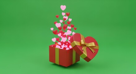 Fototapeta premium Floating Hearts Rising from Red Gift Box on Green Background.