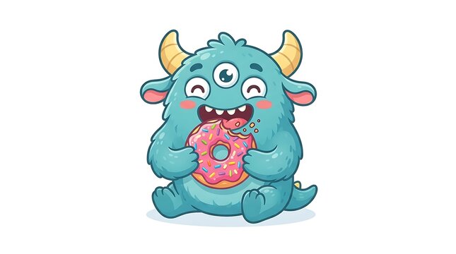 Cute blue monster eating a delicious donut with sprinkles in a fun cartoon illustration style