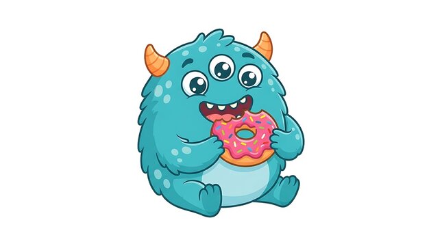 Cute cartoon blue monster eating a sweet pink donut with colorful sprinkles, funny creature illustration