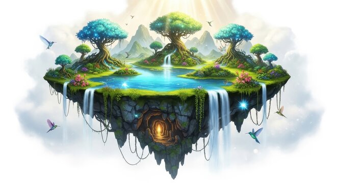 Floating Island Paradise with Waterfalls and Trees.