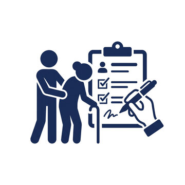 Nursing care leave request icon with staff assisting an elderly person and a hand signing the application