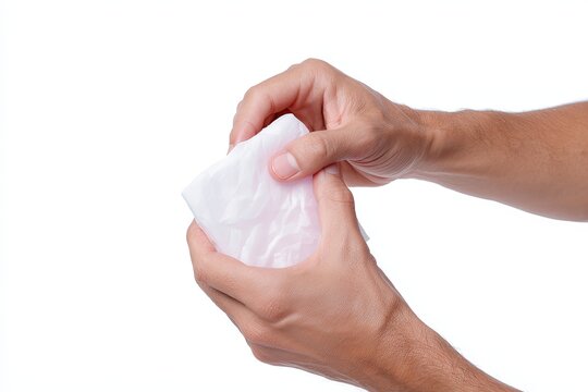A pair of hands meticulously unfolds a tissue, preparing for cleaning or hygiene.