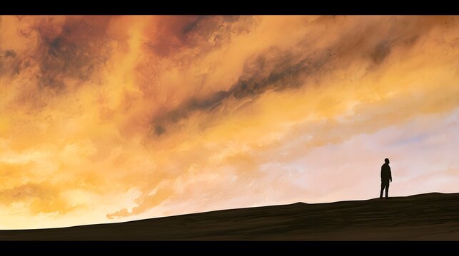 Ethereal watercolor painting of a lonely man silhouette standing on a desert ridge under sunset sky