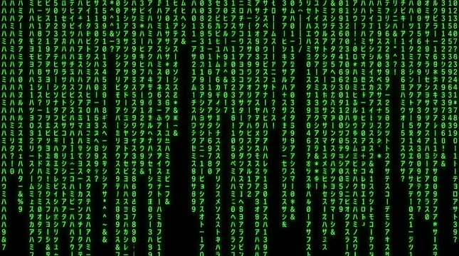 Abstract digital background featuring cascading green binary code representing data streams and computer programming.