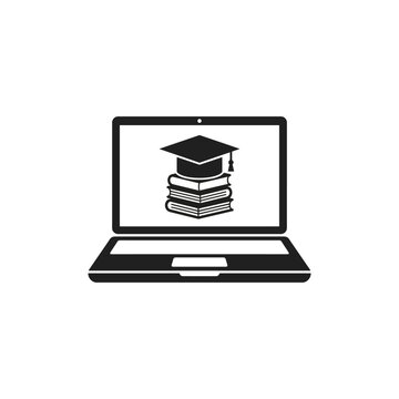 Vector illustration of online education, depicting a laptop screen with a stack of books and a graduation cap, representing digital learning and academic study