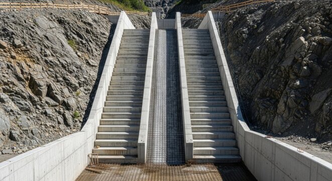 Imposing concrete spillway chute construction with dual staircases and metal grate in rocky outdoor setting