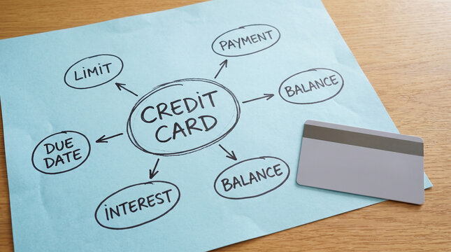 A diagram showing the concept of credit card with its associated terms like payment, balance, interest, due date and limit, along with a credit card placed next to it