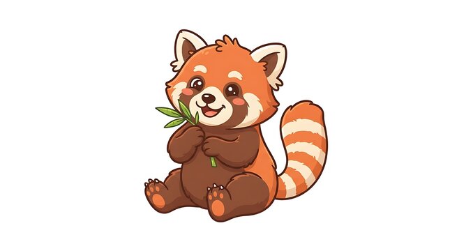 Cute little red panda cartoon character eating bamboo leaves vector illustration isolated on white