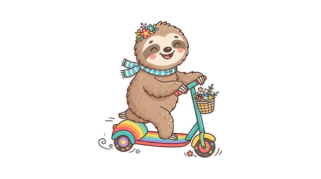 Cute sloth riding a colorful scooter with a flower crown and a scarf in a cheerful vector illustration