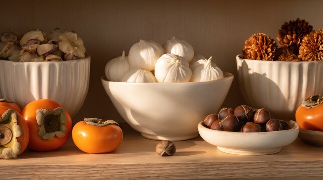 Seasonal retail shelf with songpyeon, chestnuts, jujubes, persimmons, autumn display