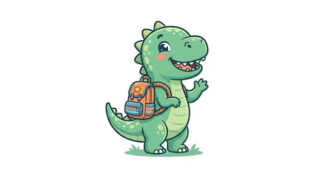 Cute cartoon green dinosaur with a backpack going back to school vector illustration