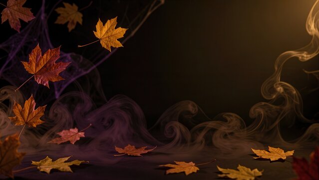 dramatic moody halloween background with swirling fog and autumn leaves perfect for seasonal promotional text overlay