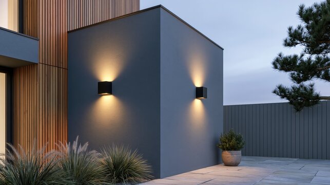 The Modern Exterior Wall with Subtle Twilight Lighting and Minimalist Architecture