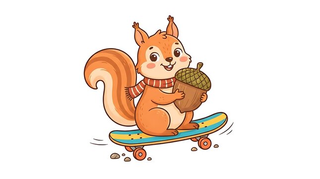 Cute cartoon squirrel riding a skateboard and holding a large acorn in a playful and fun vector design