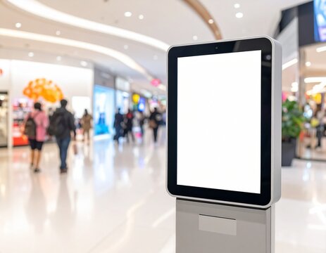 Blank vertical digital signage display kiosk standing in a modern shopping mall.