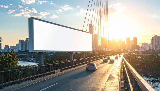 Blank white billboard mockup on a highway bridge with city skyline background at sunset.