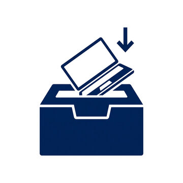 Company laptop returned into a collection box icon with a downward arrow for IT asset recovery