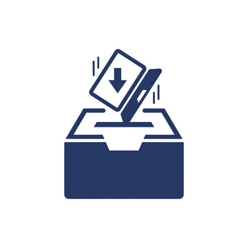 Tablet and laptop dropped into a device collection bin icon for corporate hardware retrieval