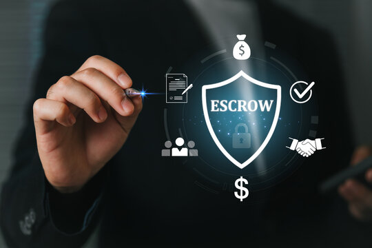 A business professional interacting with a digital escrow shield. Money deposits or assets entrusted to a third party, representing online financial security and protection for digital transactions.