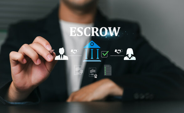 A businessman in formal attire presenting a representative of the escrow process money, deposits, or assets deposited with a third party, emphasizing trust, security, and secure financial transactions