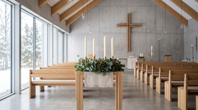 Modern minimalist church interior, wooden pews in a bright chapel, contemporary sanctuary with concrete walls and large cross