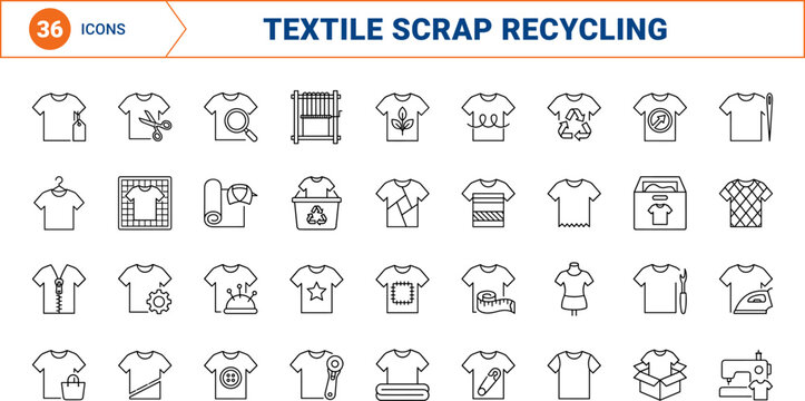 T Shirt Fabric Scrap Reuse Web Icon Set in Linear Style. Collection of Upcycled Apparel line icons, including textile recycling, scrap sorting, patchwork sewing, sustainable fashion.