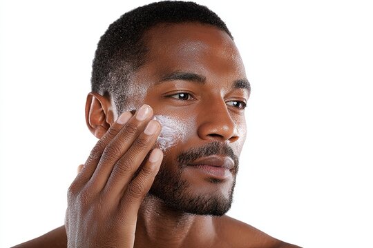Close-up of a handsome man applying cream to his face, with focus on his skincare routine and healthy complexion.