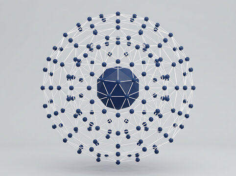 Blue 3D spherical network structure with nodes on grey background