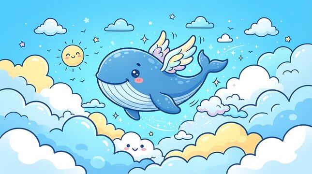 Cute flying blue whale with little wings soaring happily through a whimsical sky full of soft white and yellow clouds and smiling sun