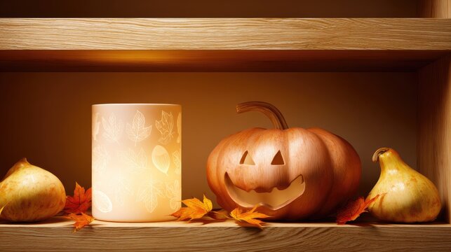 Seasonal shelf display with carved pumpkin, autumn leaves, gourds, flameless candle, warm amber lighting