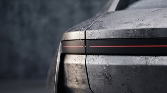 Minimalist Red LED Light Bar on Stainless Steel Concept Car Body with Water Drops GENERATED AI