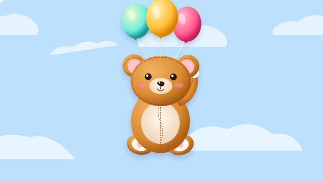 Cute teddy bears floating with colorful balloons in blue sky